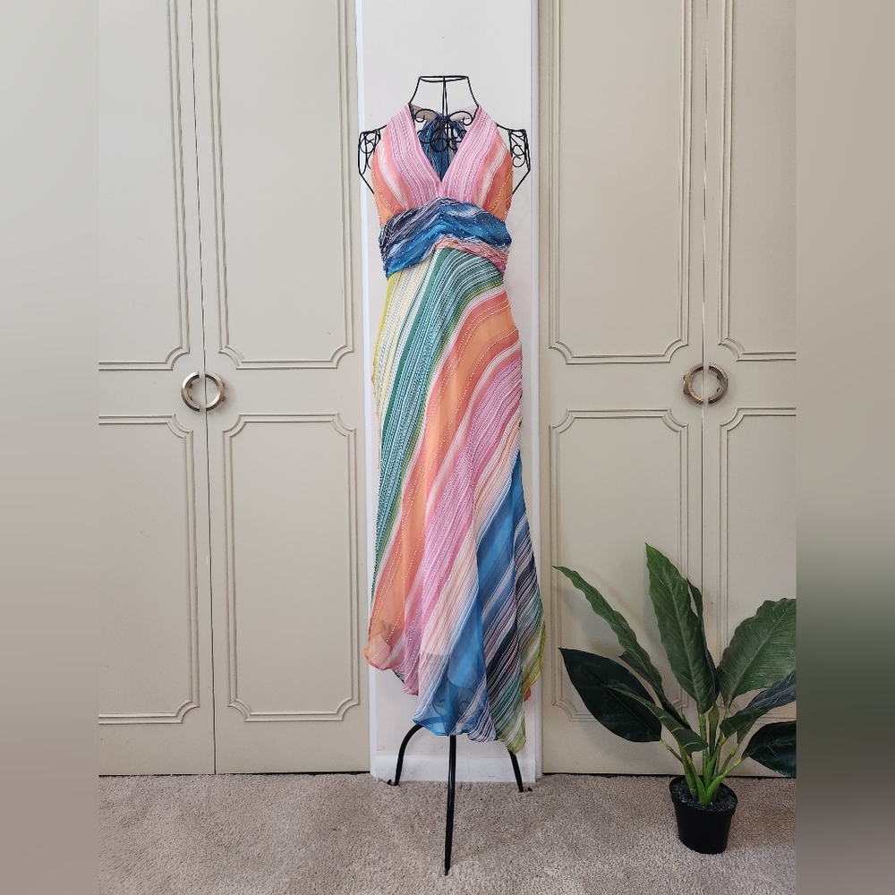 Vintage Y2k BCBGMaxazria 100% Silk Asymmetrical Beaded Multi Color Dress